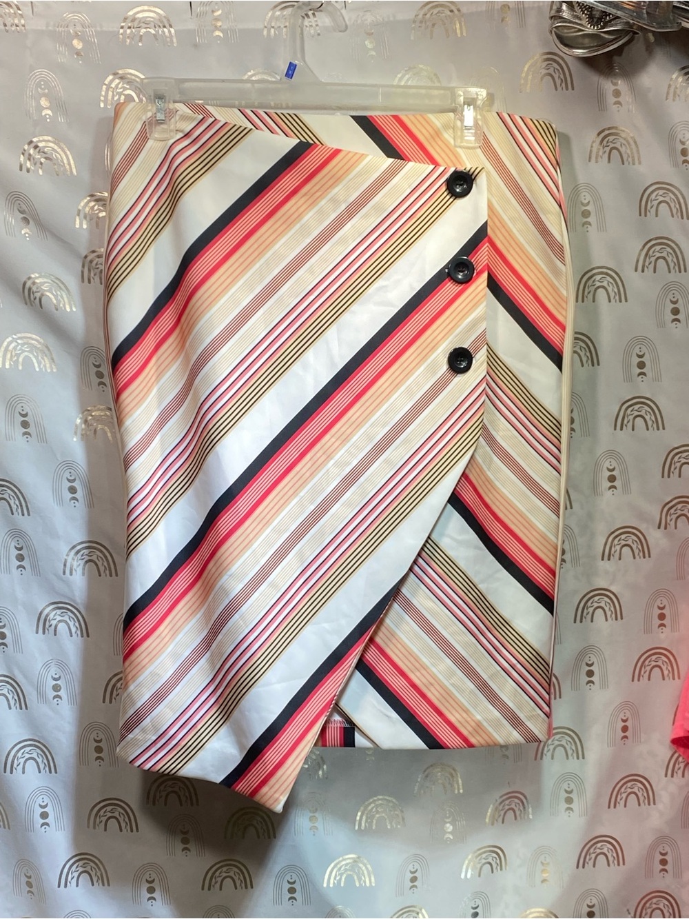 C Striped Asymmetrical Mini Skirt in Coral, Cream and Black